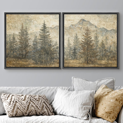 «Rustic Mountain Pine Forest Neutral Nature Landscape», reproduction d'art encadrée de la chambre principale, 2 pièces