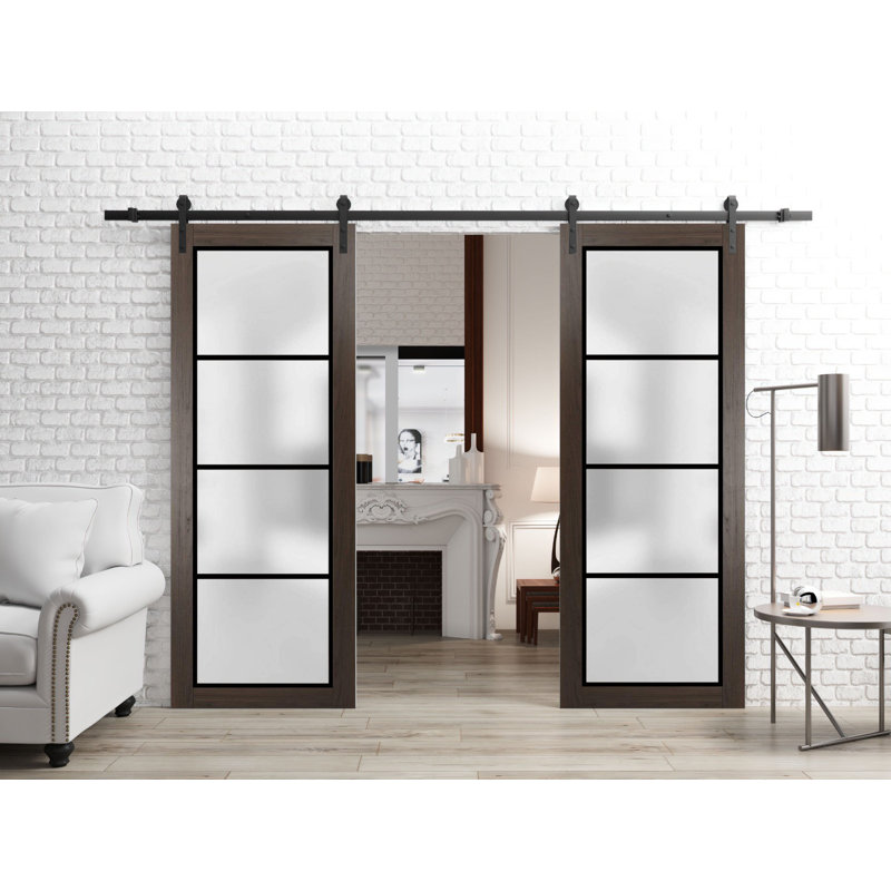 Sturdy Double Barn Door With Frosted Glass | Planum 2132 | 13FT Silver Rail Hangers Heavy Set | Modern Solid Panel Interior Doors -Silver Rail