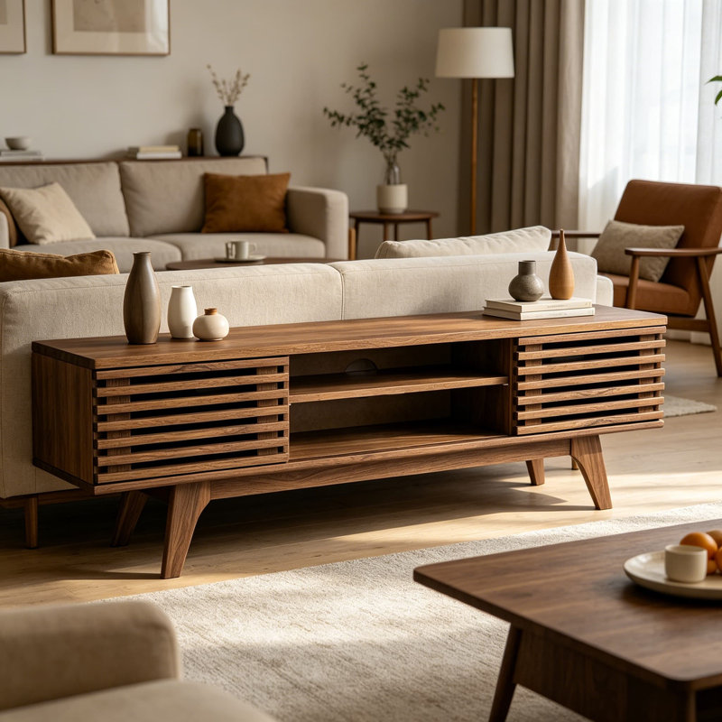 Meuble télé Render de 46 pouces de style Mid-Century avec portes à lattes, tablettes ouvertes et système de gestion des câbles
