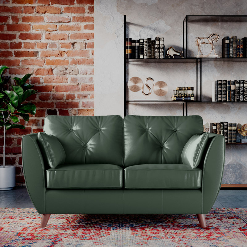 Marylin 2 Seater Leather Tufted Sofa, Hunter Green, Dark Wood
