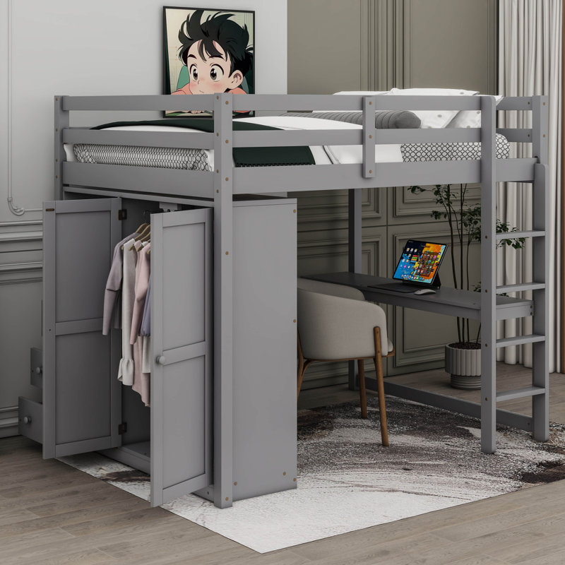 Lit mezzanine standard à 3 tiroirs avec bureau intégré Leda par Harriet Bee, gris