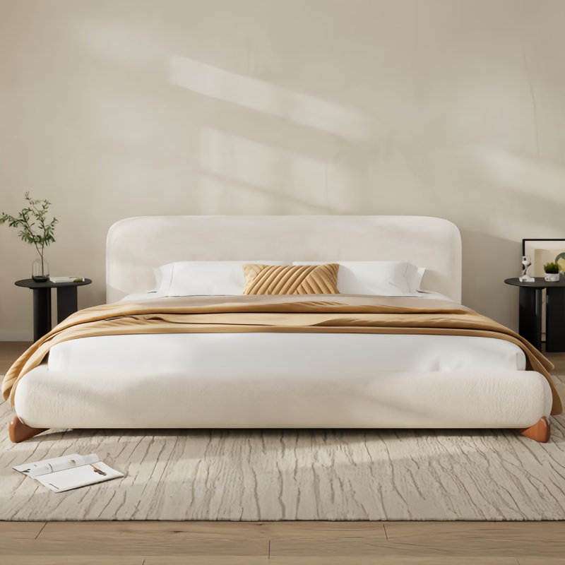 Lit plateforme très grand / très grand avec tête de lit en tissu Boucle, pieds en bois massif, Roi