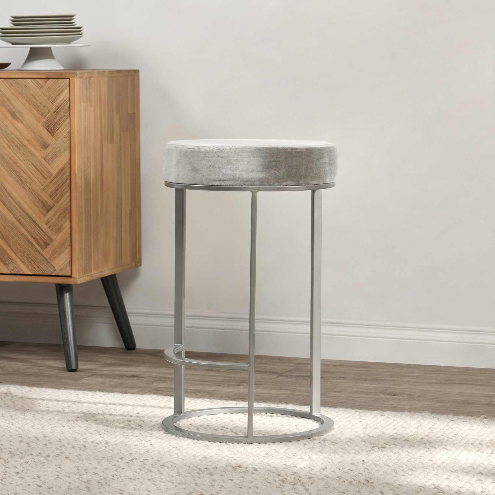 Quinn Upholstered Fabric Counter Stool, Gray Seat/Nickel Frame