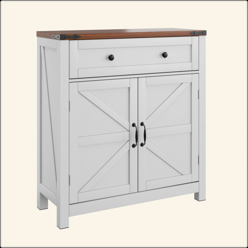 Armoire de rangement Farmhouse avec tiroir et tablette réglable, armoire de cuisine blanche avec comptoir en noyer, armoire à café moderne pour la cuisine, la salle à manger, la salle de bain, le vestibule