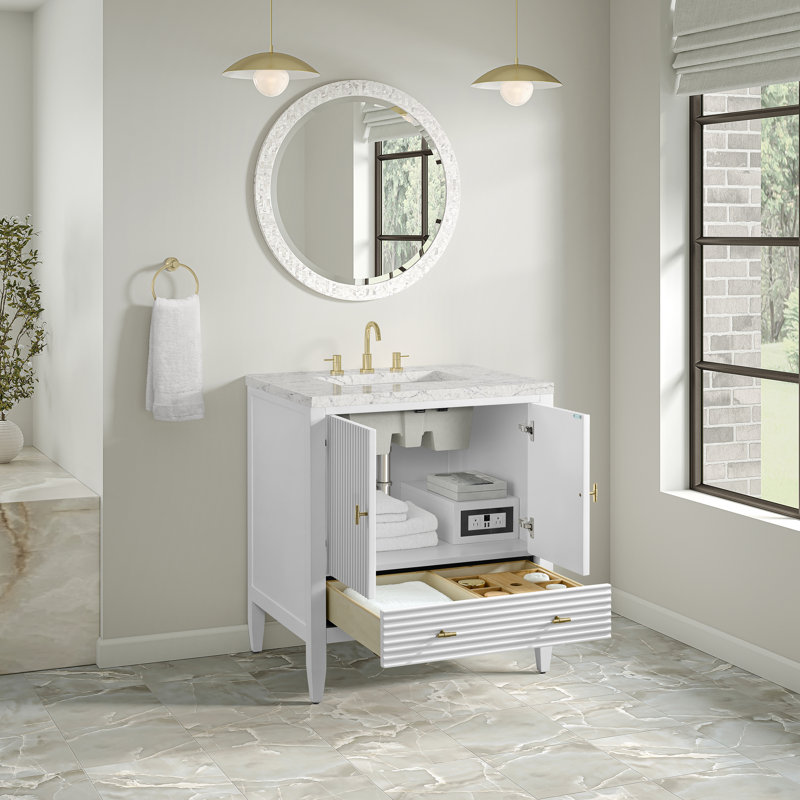 Myrrin 30" W Single Vanity, Bright White, Eternal Jasmine Pearl, 8" Widespread