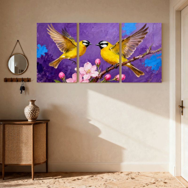 Oiseaux colorés sur une branche de fleur, ensemble de 3 impressions d'art sur toile, H 18 po x l 36 po