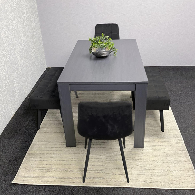 Dark Grey Arrow Design Wooden Dining Table with Black Velvet Chairs and 2 Velvet Benches, 75"H x 117"L x 77"W