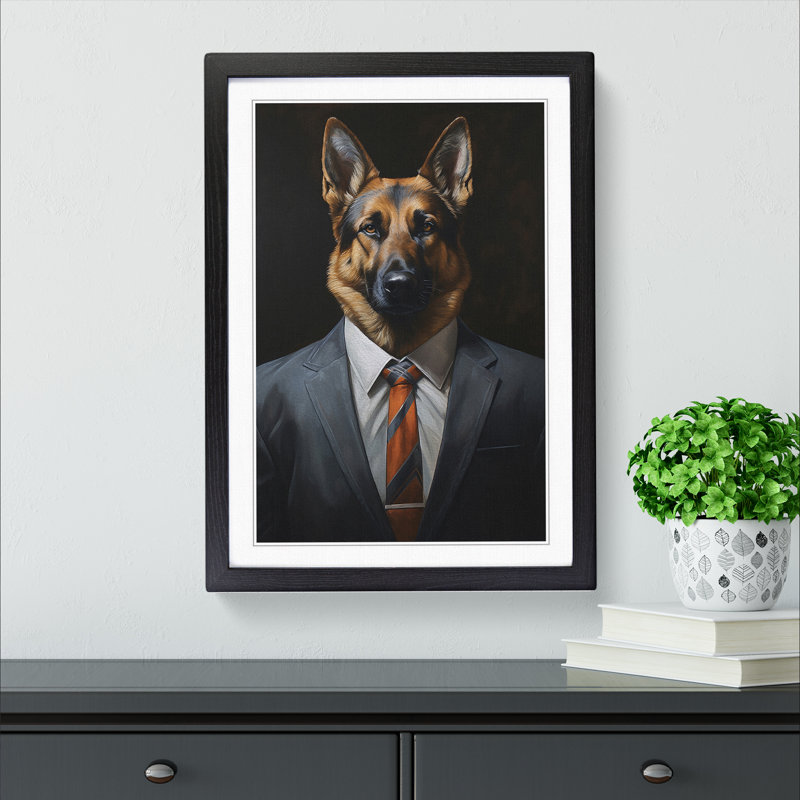German Shepherd In A Suit Painting - Single Picture Frame Print on Wood, Black, 34cm H x 25cm W x 2cm D