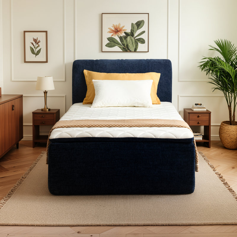 Lit tapissier en chenille moderne avec tête de lit, lit bas à profil bas, aucun assemblage requis, Bleu très foncé