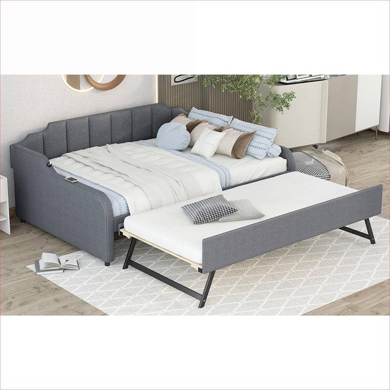 Lit de jour double tapissier pour lit double avec couchette coulissante réglable et charge USB en pin massif gris froid