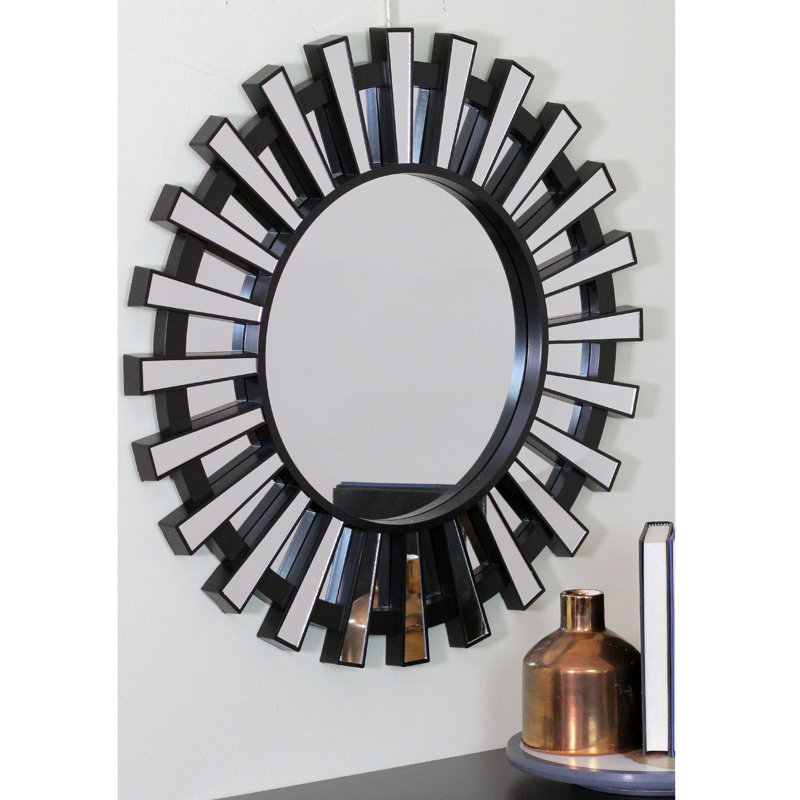 25.5" Sunburst Round Wall Mirror, Black