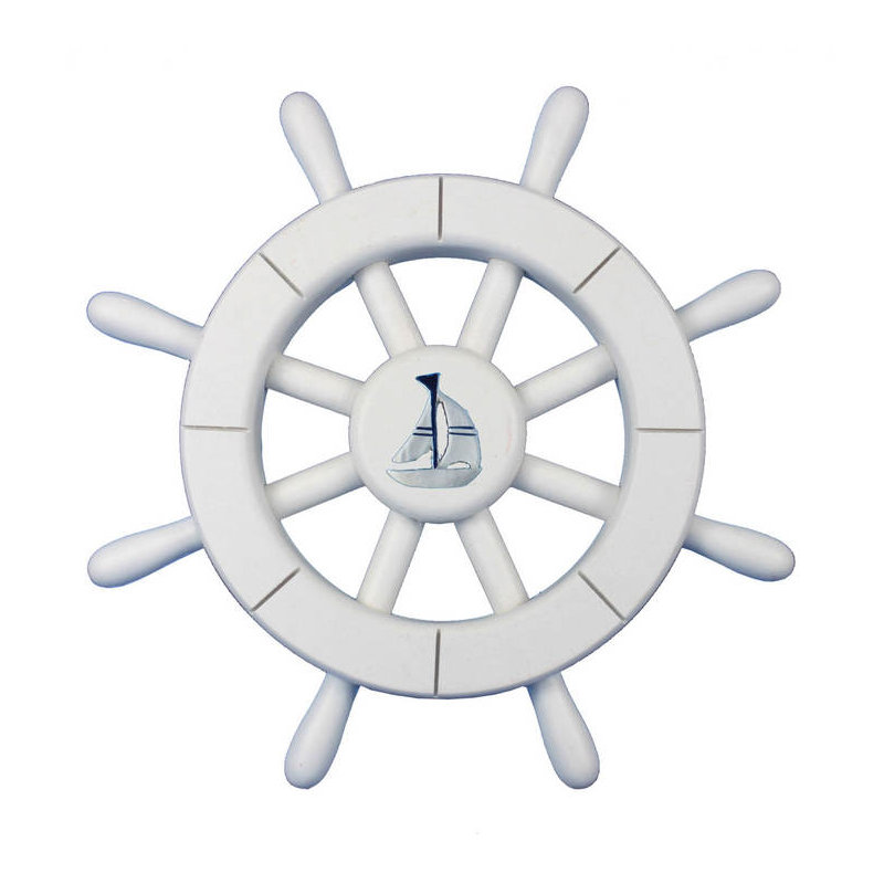 Décoration murale roue d’expédition avec bateau de voile, Blanc