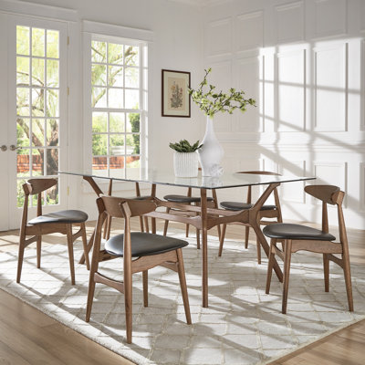 Arne Mid-Century 72" Glass Top Walnut Finish Rectangular Table Dining Set with Black Faux Leather Chairs