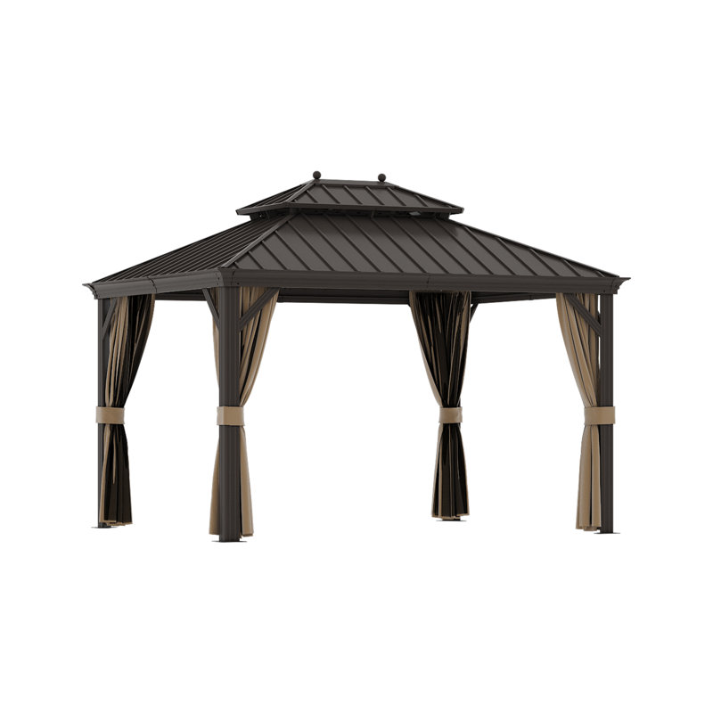 10X12FT Outdoor Hardtop Gazebo with Double Galvanized Steel Roof, Built-In Hooks & Anchored Base for Garden, Patio & Backyard