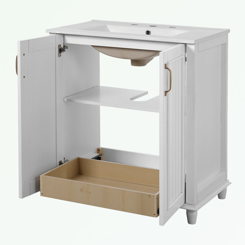 Meuble-lavabo à cadre en bois avec lavabo en résine, tiroir caché et armoire de rangement, Blanc