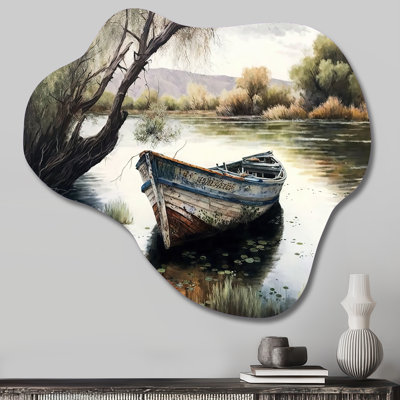 Fishing Boat In The River - Cloud Boat Fishing Metal Wall Decor, Asymmetrical Metal Wall Sculpture Print