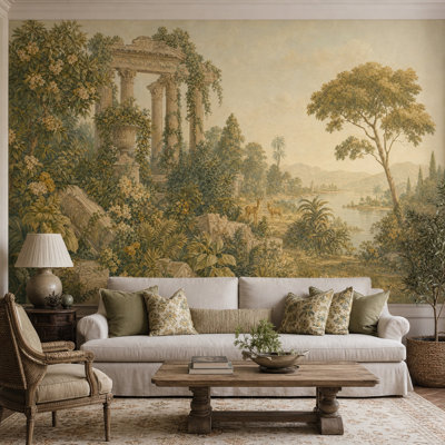 Murale de paysage rétro avec ruines classiques et jardin méditerranéen