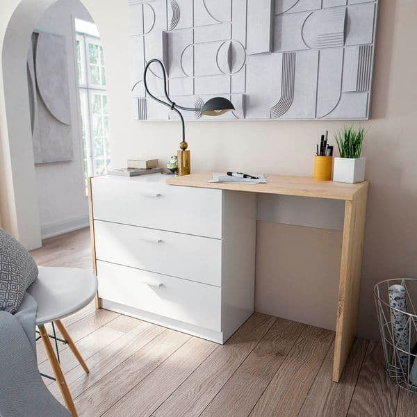 Vesta White And Oak Chest Of Drawers That Converts Into A Desk Space-saving Office Desk With 3 Drawers