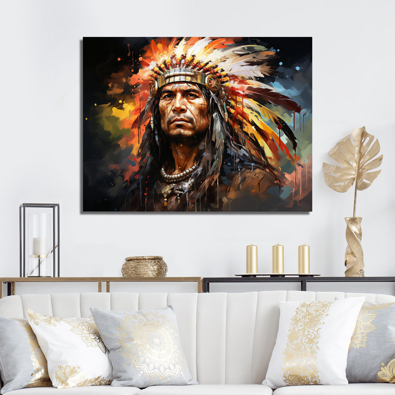Amérindien Mohawk Warrior - Art amérindien grand art mural, Toile tendue, H 34 po x l 44 po x P 1,5 po