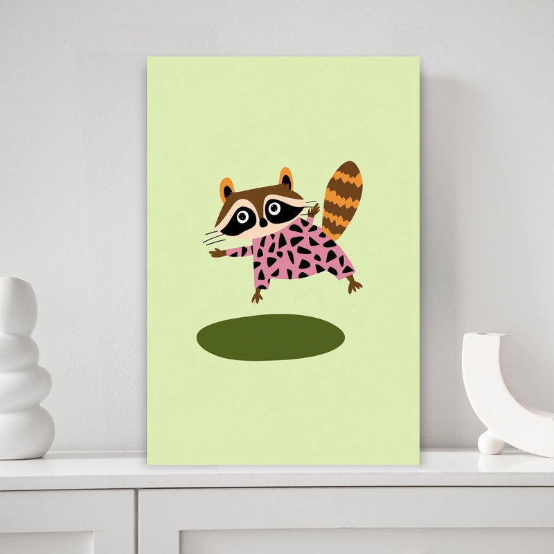 Playful Raccoon Jump Abstract Contemporary Forest Landscape Wall Art Print by Mathieu - Wrapped Canvas Print