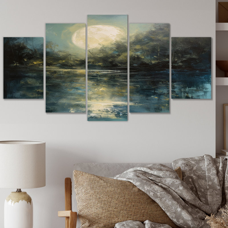 «Mysterious Misty Sunset Over Teal Lake III», reproduction sur toile - 5 panneaux