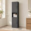 Colonne de rangement pour linge de salle de bain noire autoportante, armoire étroite de 170 cm de haut avec portes magnétiques réversibles et espace de rangement ouvert