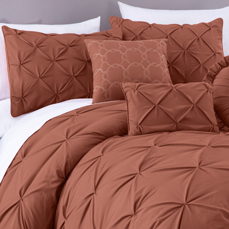 Sydney Pintuck Microfiber 7 Piece Comforter Set, Queen Comforter + 6 Additional Pieces, Terracotta