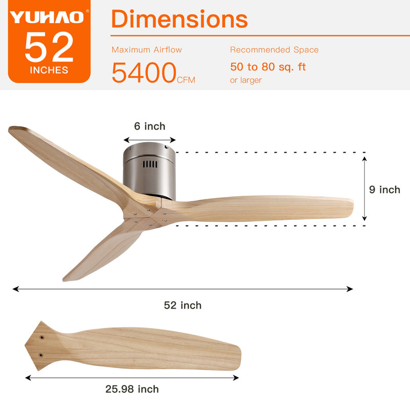 52" 3-Blades Flush Mount Wood Ceiling Fan without Light, Nickel, Natural Wood