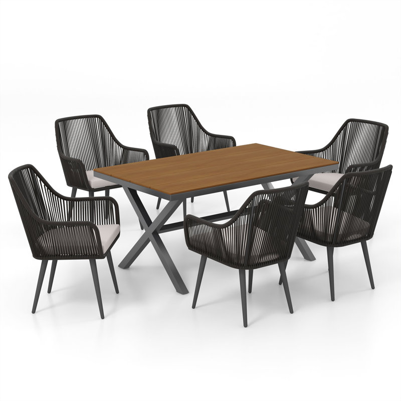Ensemble repas d'extérieur rectangulaire avec coussins 6 personnes Sikata, Structure noir / coussin gris clair