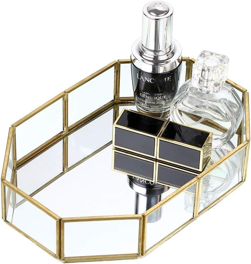 Gold Octagonal Mirrored Vanity Tray - Vintage Makeup/Perfume/Jewelry Organizer