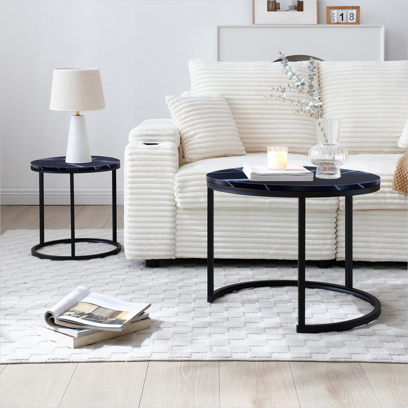 Ensemble de 2 tables basses gigognes rondes avec plateau en marbre, finition noire classique, style industriel moderne