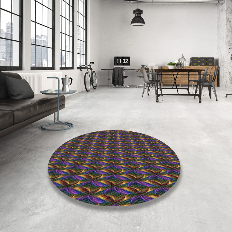 Tapis bleu/rose à motifs, Rond 3 pi