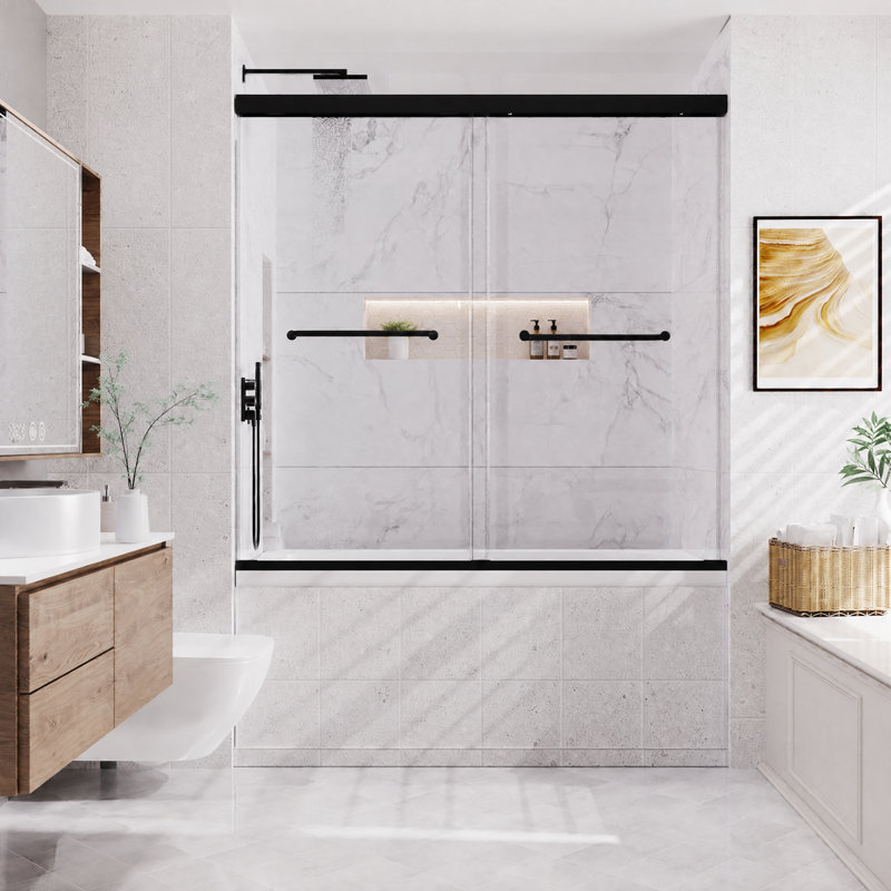 Porte de baignoire coulissante double semi-encadrée de 142 à 152 cm (L) x 147 cm (H) avec roulettes silencieuses, verre trempé de 6 mm (1/4 po) avec revêtement nano facile à nettoyer, fini noir mat