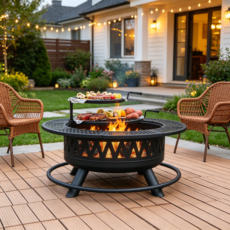 42" 3-in-1 Fire Pit Table with 2 Grills Lid, 16" H x 42" W x 42" D