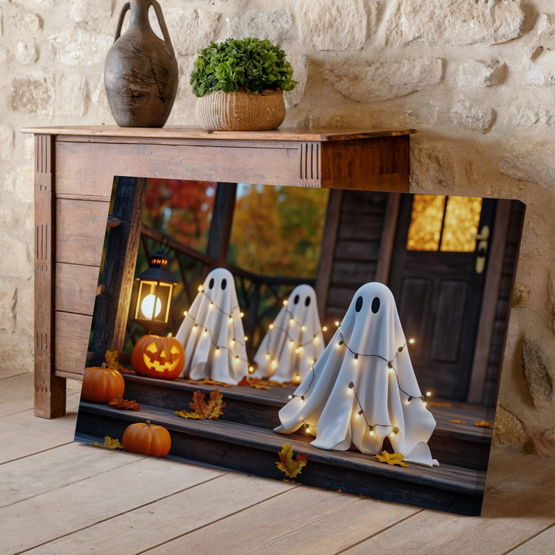 Toile, une scène d'Halloween douillette mettant en vedette trois figurines fantômes fantaisistes drapées sur des draps blancs