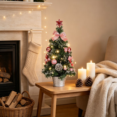 Ensemble de 2 mini sapins de Noël artificiels pré-illuminés de 45 cm avec décorations et étoile de Noël, petits sapins de table pour la décoration de Noël à la maison et aux fêtes.