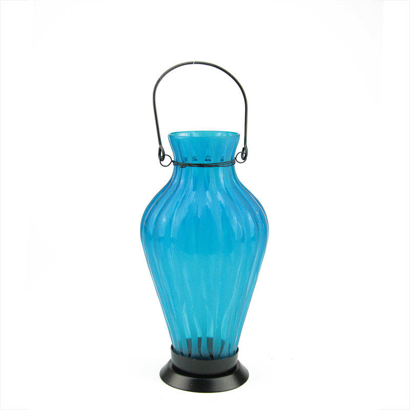 9.5" Frosted Ribbed Vase Glass Bottle Tea Light Candle Lantern Decoration, Blue