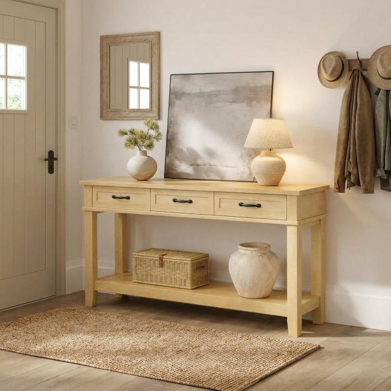 Farmhouse Entryway Table & Hallway Console Table, 3 Drawers & 2-Tier Storage, Brown, Brown