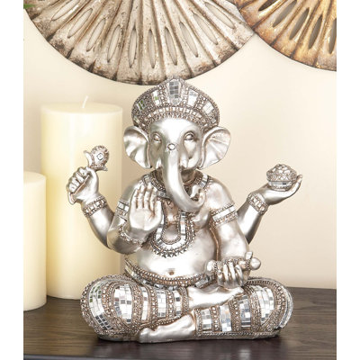 Allisonia Polystone Meditating Ganesh Sculpture with Engraved Carvings and Relief Detailing