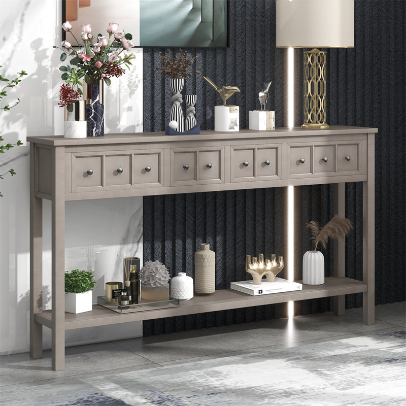 60" Long Sofa Table with two Different Size Drawers and Bottom Shelf for Storage, Gray Wash