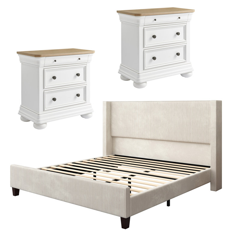 Ensemble de chambre à coucher 3 pièces pour très grand lit classique rétro et moderne californien, crème, Crème