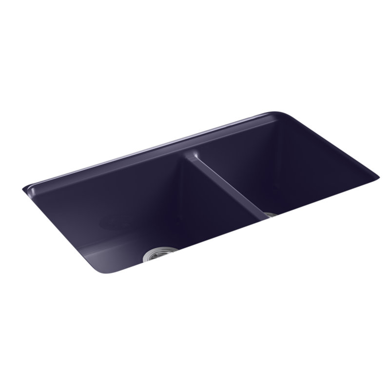 Riverby 33" x 22" x 9.625" Under-Mount Double-Equal Kitchen Sink with Accessories and 5 Oversized Faucet Holes, Indigo Blue