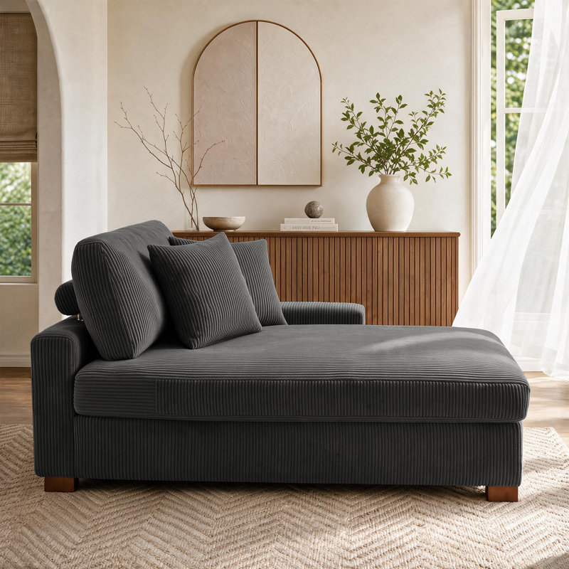 Chaise longue surdimensionnée en velours côtelé avec accoudoirs et coussins Milbrey, Gris, Face à la droite, Velours côtelé