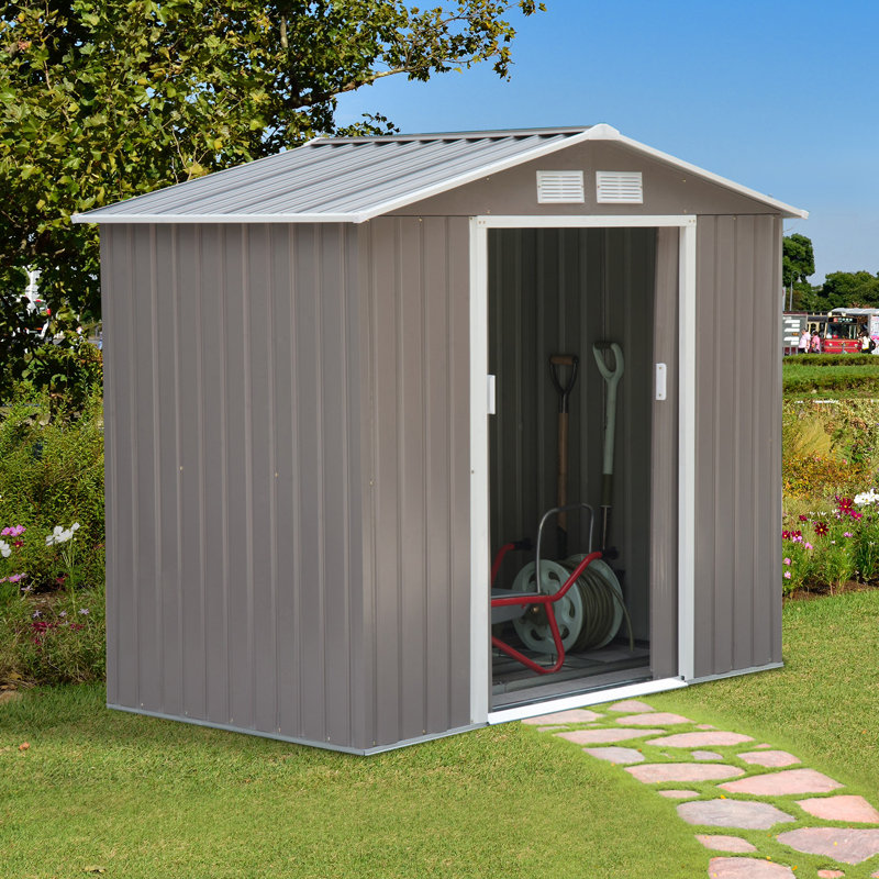 Remise de rangement extérieure de 7 pi x 4 pi Outsunny, remise en métal pour outils de jardin avec trousse de fondation, double porte verrouillable, bouches d'aération et toit incliné, pour cour, patio, pelouse, gris