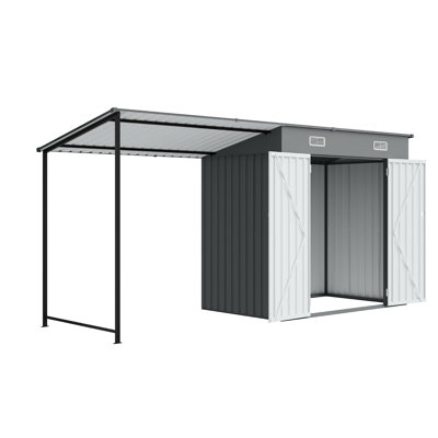 Remise adossée en métal de 12 pi x 4 pi avec pergola, remise de rangement extérieure de 6 pi 4 po et abri de jardin à toit rigide, remise à outils de jardin 2 en 1 avec côté ouvert pour patio, cour arrière, terrasse