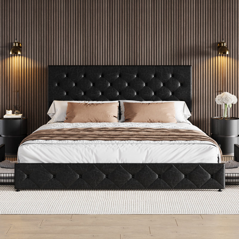 Zelna Upholstered Platform Storage Bed with 4 Drawers and Sleek Button Tufting, Black, King
