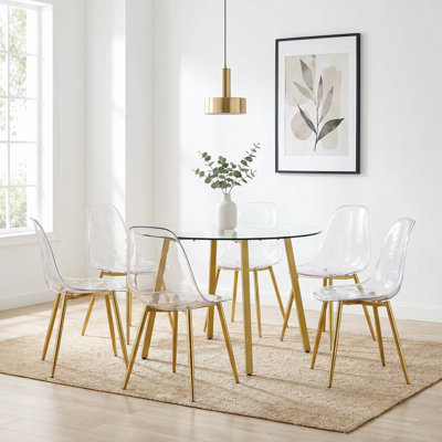 7-Piece Round Tempered Glass Dining Set with Six Acrylic Chairs