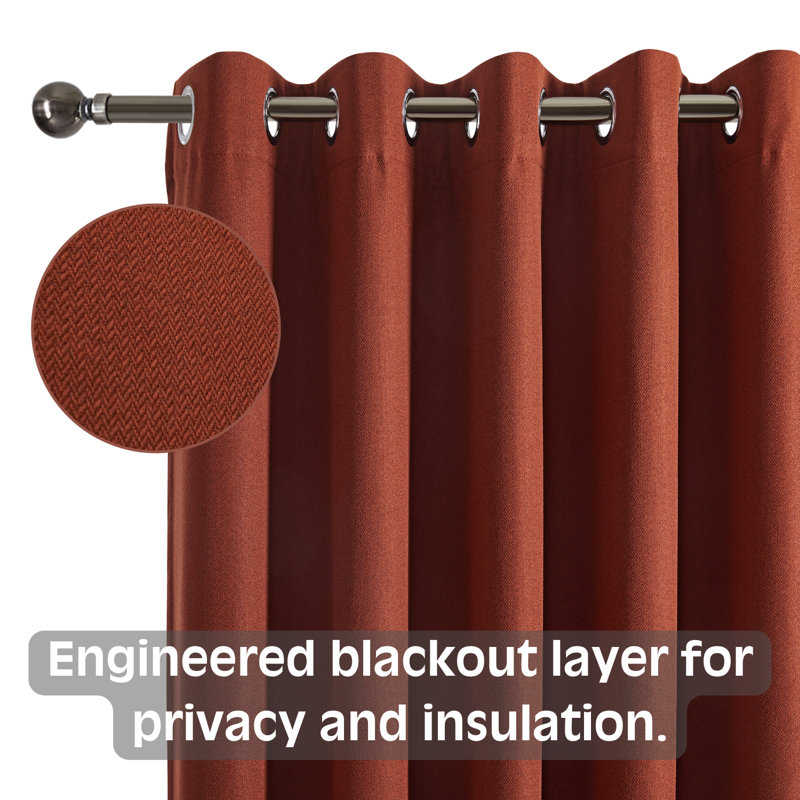 Linen Blackout Eyelet Curtains - Thermal Insulated Room Darkening Window Panels, Rust, 229cm Width x 229 cm Drop