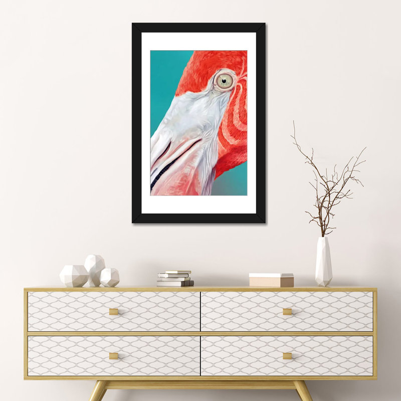 «Flamingo», impression sur toile, H 24 po x l 16 po x P 1 po, Papier avec cadre noir, Blanc