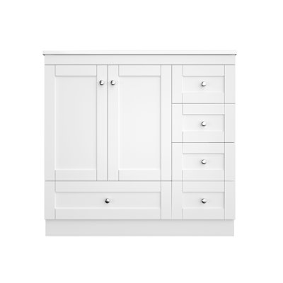 Armoire de salle de bain sur pieds 36 po avec lavabo en céramique, 4 tiroirs à fermeture en douceur et 2 portes à fermeture en douceur Shaker